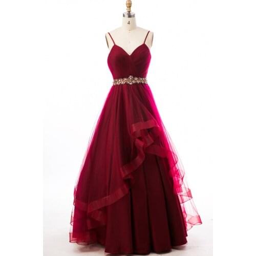 Burgundy prom dresses new V neck tulle crystal Spaghetti Strap A Line simple vestido graduacion largo robe bal de promo plus