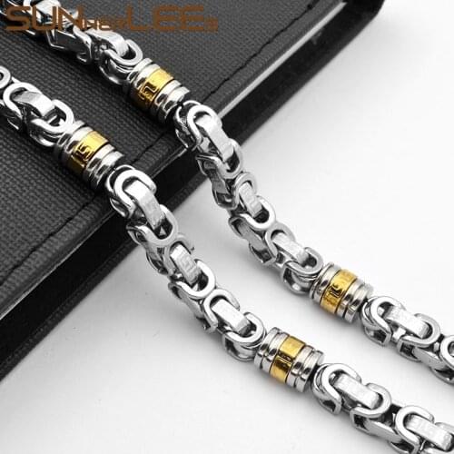 SUNNERLEES 316L Stainless Steel Necklace 8mm Geometric Byzantine Link Chain Black Gold Silver Color Men Women Jewelry SC56