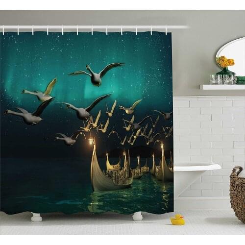 Fantasy Shower Curtain Medieval Boats Magical Birds Flying Mystical Adventure Illustration Home Decoration Bathroom Curtains