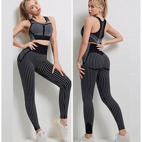2 Pieces Set Seamless Fitness Women Yoga Suit Stripe Gym Set High Waist Sports Legging High Stretchy Workout Sport Set 4 Colours