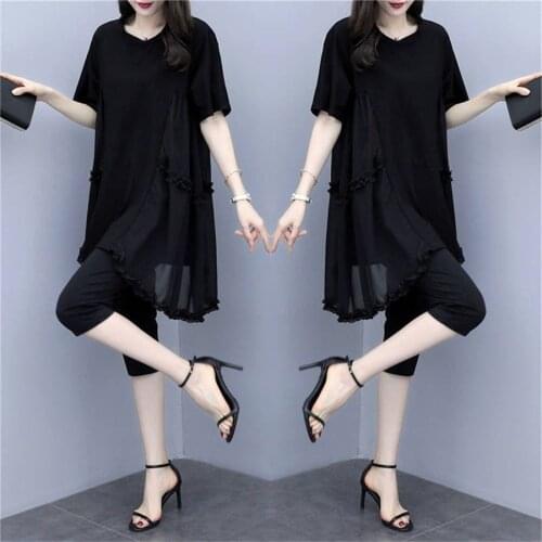 5XL Large Big Size Summer Costumes For Women Black color two Pieces Shorts Set Two Piece Set Top And Pants Tracksuit