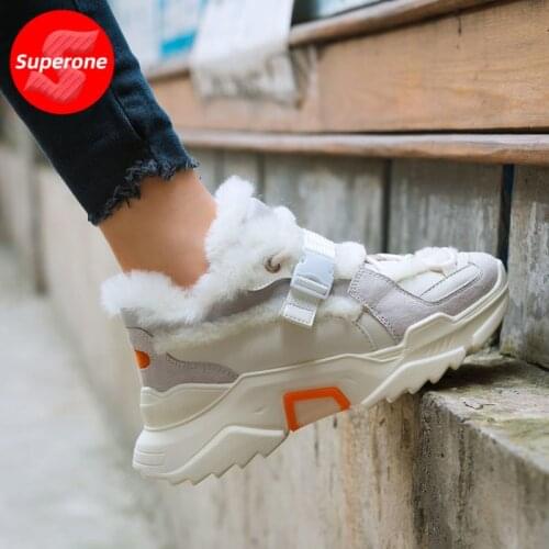 Superone Size 35-42 Real Leather Women Sneakers Fashion Winter Warm Fur Ankle Boot Platform Cross Strap Shoes Woman Footwear
