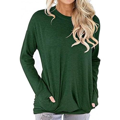 70% Hot Sell Women Autumn Solid Color Long Sleeve Loose T-shirt Blouse Pockets Loose Tunic
