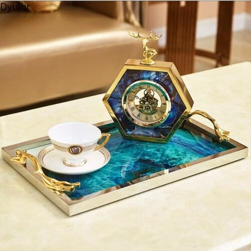 DyuIhr Nordic Electroplated Metal Glass Storage Tray Blue Agate Stone Pattern Tray Home Living Room Tea Table Storage Tray