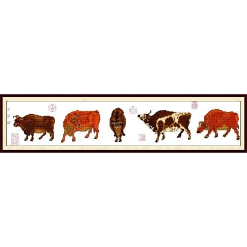 Five oxen pictures cross stitch kit Chinese style animal Aida count 18ct 14ct 11ct print embroidery DIY handmade needlework