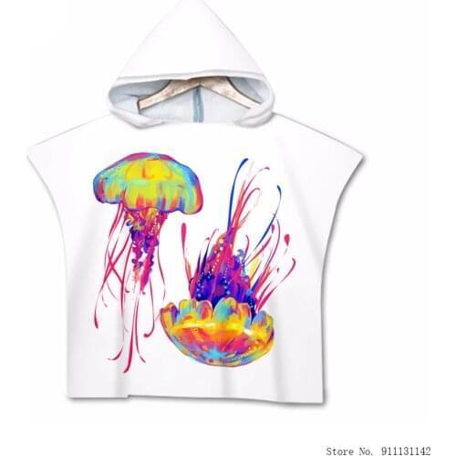 New Jellyfish Turtle Fish Double-sided Digital Print Super Fiber Beach Poncho Childrens Hooded Quick-drying Bikini