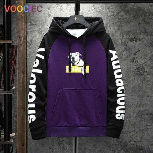 VOOCIEC 2020 Autumn Dog Print Patchwork Sweatshirt Oversized Hip Hop Harajuku Japanese Streetwear Hoodie Men