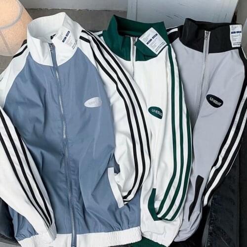 Autumn windbreaker stripe stitching stand collar jacket mens and womens jacket college style class suit Korean ins fashion