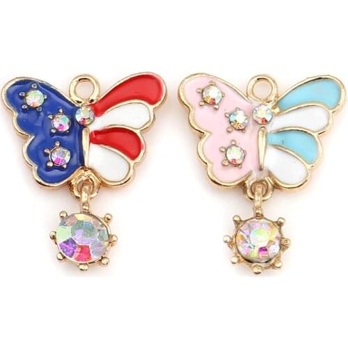 DoreenBeads Fashion Zinc Based Alloy Charms Butterfly Animal Gold Multicolor Enamel AB Color Rhinestone 22mm x 18mm,10 PCs