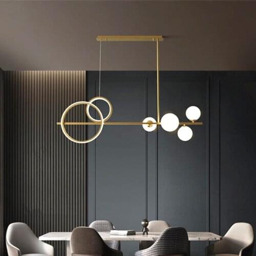 Modern LED Pendant Light Glass Ball Luxury Restaurant Chandelier Long Strip Magic Bean Nordic Round Gold Ring Indoor Decor Lamp