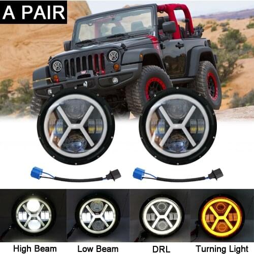 Pair 7inch LED Headlights DRL Hi-Lo Light For JEEP JK TJ CJ Ford Chevy Truck Camaro Dodge Peterbilt 379 Bertone X 1/9 Kenworth
