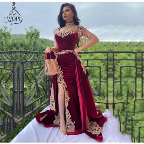 Burgundy Mermaid Evening Dresses 2020 Gold Lace Appliques Dubai Saudi Arabic Long Split Velvet Tassel Prom Gown Formal Dress