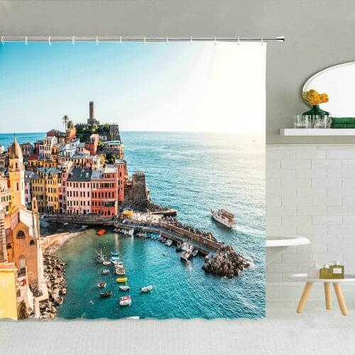 Seaside City Scenery Shower Curtain Cinque Terre Italy Bathroom Decor Durable Bath Screen Waterproof Fabric Hooks Curtains Set