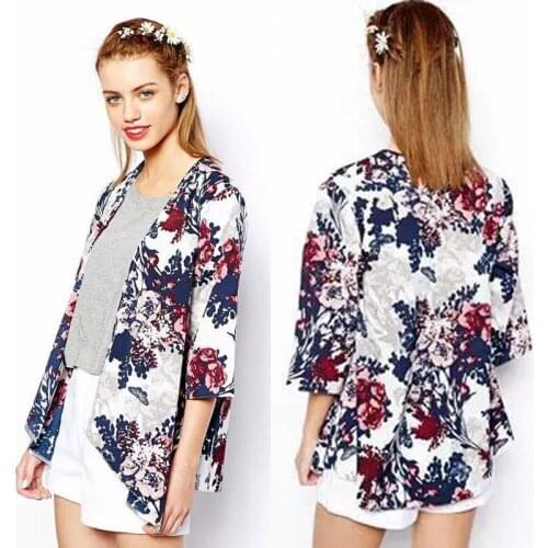 Summer Women 3/4 Sleeve Casual Shirts 2018 New Floral Print Kimono Loose Casual Chiffon Coat Cardigan Loose Tops Chiffon Blouse