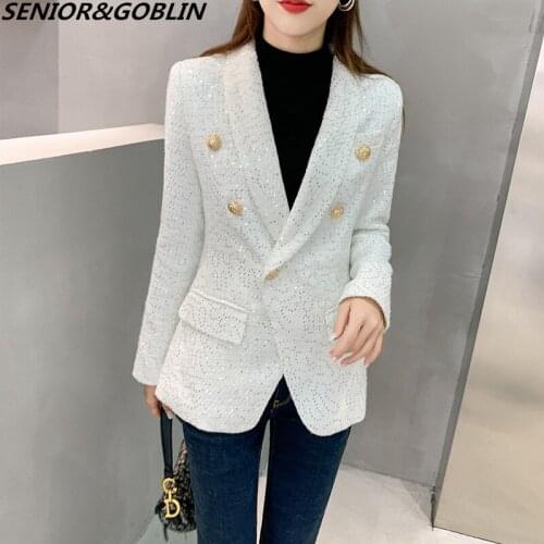 2020 Designer Runway Blazer Womens Double Breasted Metal Button Long Sleeve Retro Jacket Wool Blends Tweed Sequined Blazer Coat