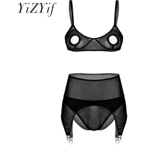 Womens See-through Mesh Underwear Sexy Nightwear Three-piece Erotic Lingerie Set Hollow Out Unlined Bra with Briefs Garter Belt