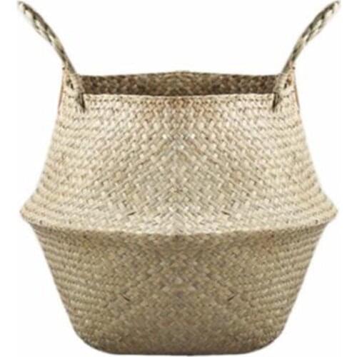 1PCS Storage Basket Foldable Laundry Straw Patchwork Wicker Rattan Belly Garden Flower Pot Vase Planter Handmade Basket