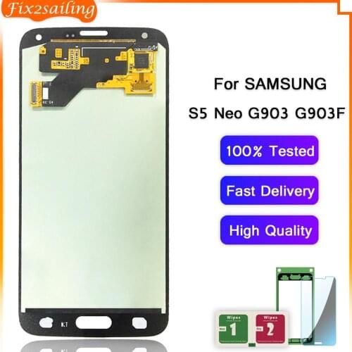 FIX2SAILING 100% Working AMOLED LCD Display Touch Screen Assembly For Samsung Galaxy S5 Neo G903 G903F Tempered Glass