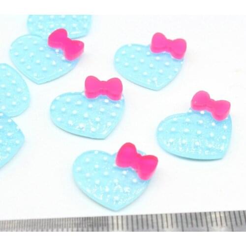150pcs Heart cabochon Polka Dot Heart with Pink Bow cabs Acrylic necklace beads blue with pink bow 18.5mm