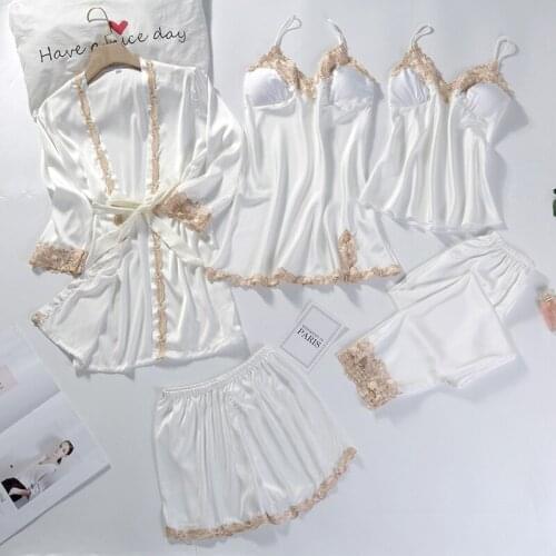 Lace Patchwork 5PCS Sleepwear Nightgown Kimono Bathrobe Gown Satin Lady Nighty&Robe Suit Sexy Home Clothes Robe Sets