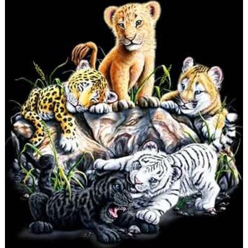 5D diamant peinture Le lion et le petit tigre point de croix ronde Strass broderie en plastique craftsFull diamant peinture