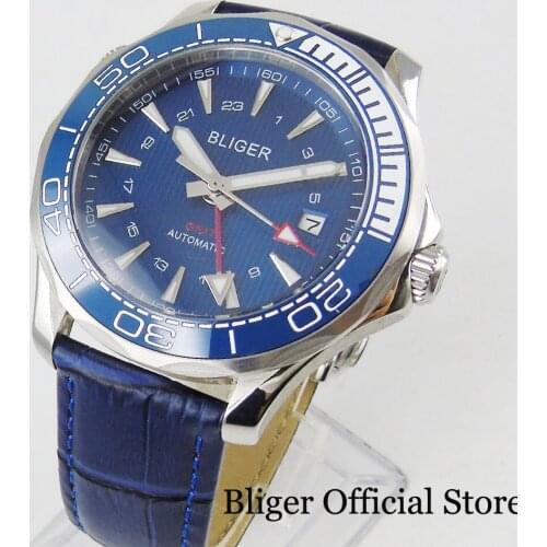 6 Models Blue BLIGER Mechanical Luxury Watch Sapphire Glass Automatic GMT Movement Ceramic Bezel Leather Strap