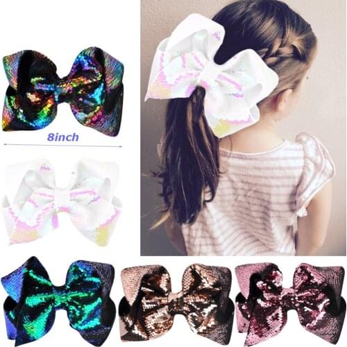 8 inch Women Mermaid Scale Sequin Grosgrain Ribbon Hair Bow Alligator Clips Bowknot Headwear Children Girls Hair Accessories