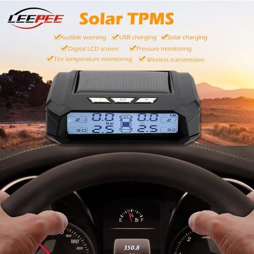 LEEPEE Car Accessories Solar TPMS Auto Tire Pressure Monitor System Tyre Temperature Warning Fuel Save Digital LCD USB Charge