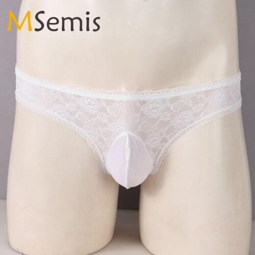 Men Lace Trim Bulge Pouch Sheer Thong Male G-string Low waist Floral Pattern Exotic Panties Nightwear for Lingerie Party