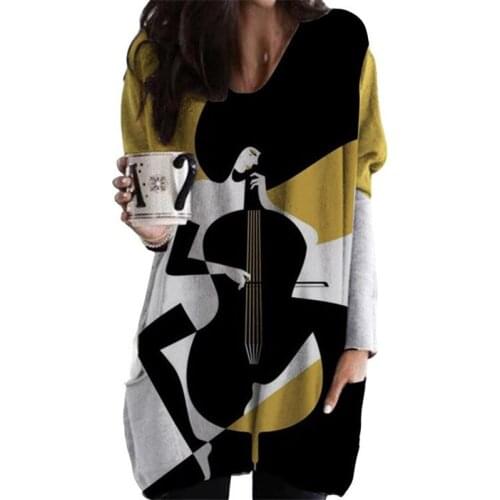 Elegant Cello 3D Printed T-shirt Women Fashion V-Neck Long Sleeve pocket Casual Top Loose Mid-Length Tshirt Black Tees For Ladie