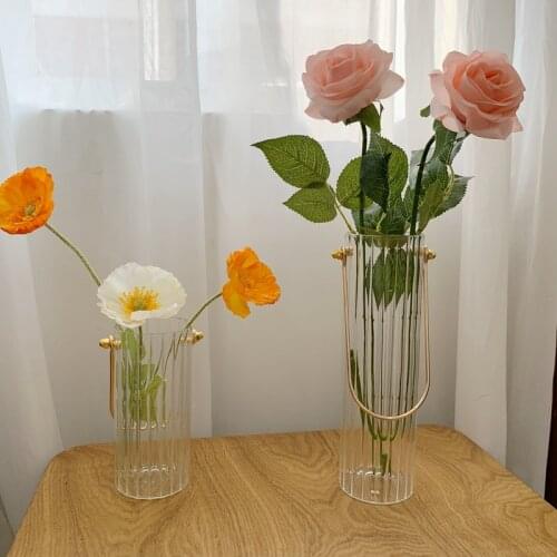 European Vertical Pattern Glass Hydroponic Vase with Metal Handle Simple Home Desktop Decoration Vase Desk Storage Bucket