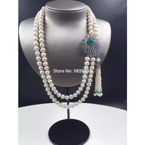 2rows freshwater pearl round 8-9mm &green/blue/green/pendant wholesale necklace 18-19" nature beads FPPJ discount gift