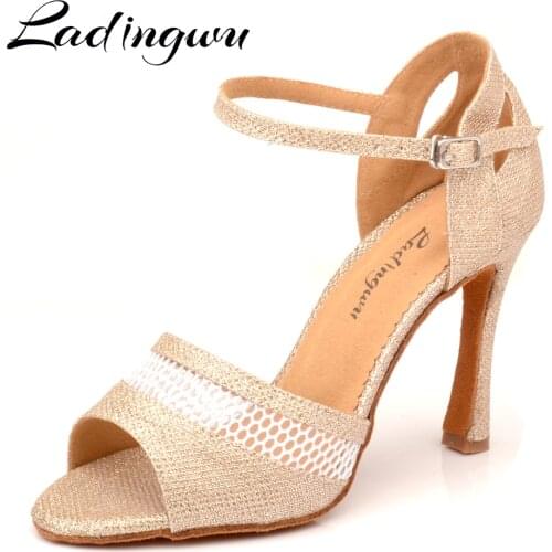 Ladingwu New Summer Breathable Mesh and Glitter Dance Shoes Ladies Latin Champagne/White Ballroom Dance Shoes Profession Women