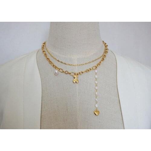 Favorite Pearl Jewelry Double Rows Gold Plated Chain Love Panda White Color Freshwater Pearls Necklace Handmade Women Gift