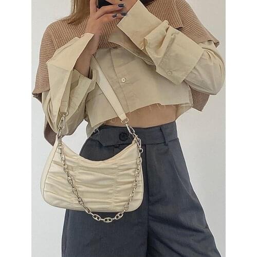 Fashion Chain Underarm Purse Female PU Pleated Shoulder Top-handle Bag Handbag Popular Simple Female Daily Bag