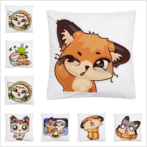Cartoon Cat And Fox Good Friend Pattern Soft Short Plush Cushion Cover Pillowcase Home Sofa Car Decoration Pillowcase 45X45Cm
