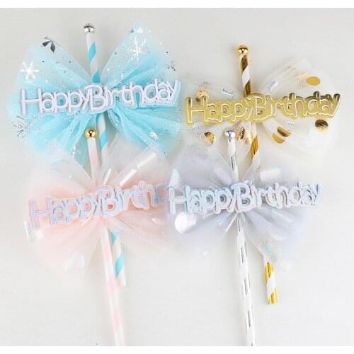 Cake Decoration Ins Style Litle Girl Bow Straw Happy Birthday Cake Topper for Baby Shower Kid`s Birthday Dessert Decor Supply