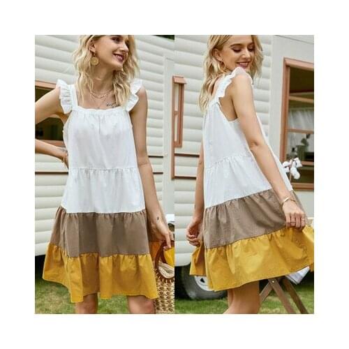 2020 New Fashion Womens Dress Ruffle Midi Loose Round-Neck Sleeveless Summer Patchwork Girl Clothes Casual Color Block Dress