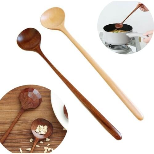 Creative Solid Wood Long Handle Wooden Spoon Korean Sauce Stir Spoon Japanese Round Mouth Anti-scalding Hot Pot Stirring Spoons