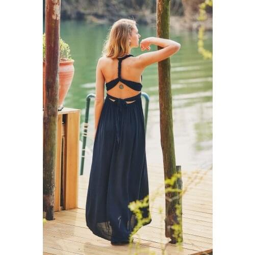Back Low-Cut Authentic Long Elegant Bohemian Dress Black Woven Viscose V Collar