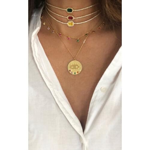Bohemian Antique Gold Coin necklace engrave evil eye round Pendant DIY Multi Layer Necklace Collar for Women fashion Jewelry