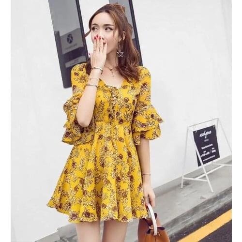 Floral Chiffon Dress Female Summer 2021 New Seaside Vacation Beach Ruffle Dresses Ladies Fairy Mujer V-Neck Dress Women Short