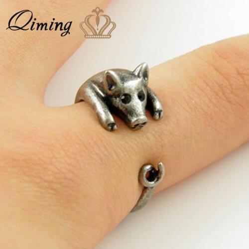 QIMING Handmade 3D Pig Rings Women Men Girls Lovely Animal Zodiac Birthday Gift Antique Bronze Knuckle Finger Ring Female
