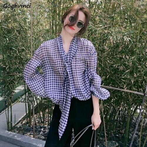Shirts Women Summer Plaid Loose Casual Scarf Collar Sun-proof Streetwear Stylish Daily Korean Version Large Size All-match New