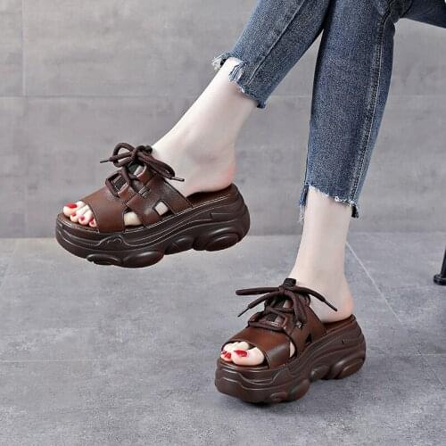 Sandals Womens Summer Genuine Leather Slippers Lace-up All-match Thick-soled Fashion Womens Shoes First Layer Cowhide