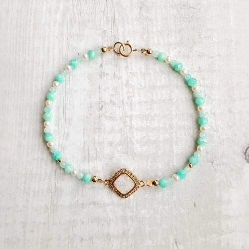 Lii Ji Natural Amazonite Real Pearl Lab-created Opal Charm 925 Sterling Silver Gold Plated Clasp Sparkling Delicate Jewelry