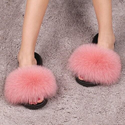 Womens Real Fox Fur Slippers Girls Colorful Plush Fluffy Slides Ladies Furry House Shoes Female Indoor Flip Flops Large Size45