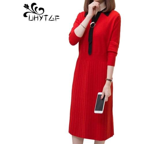UHYTGF Knitted sweater dress womens long-sleeved pullover autumn winter dress female red black slim 4XL plus size sweater 784