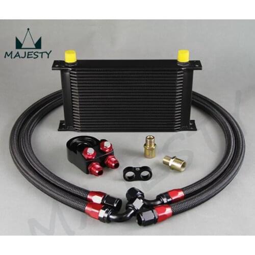22 ROW AN-10AN UNIVERSAL ENGINE TRANSMISSION OIL COOLER BLACK+SS Braided Hose kit BLACK