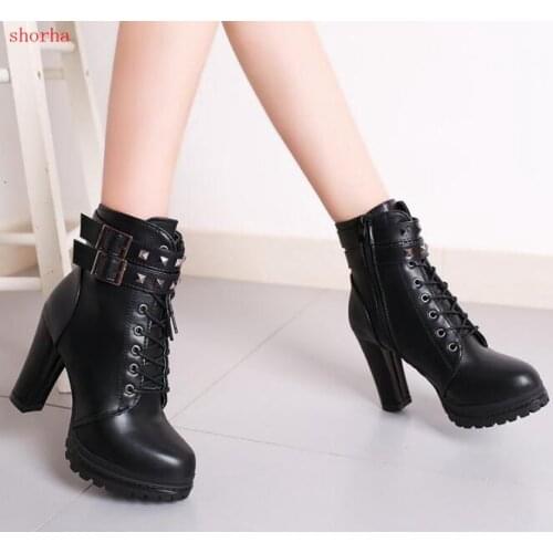 New Autumn Women Ankle Boots Platform High Heel Shoes Ladies Lace Up Buckle Strap Short Boots Casual Female Footwear